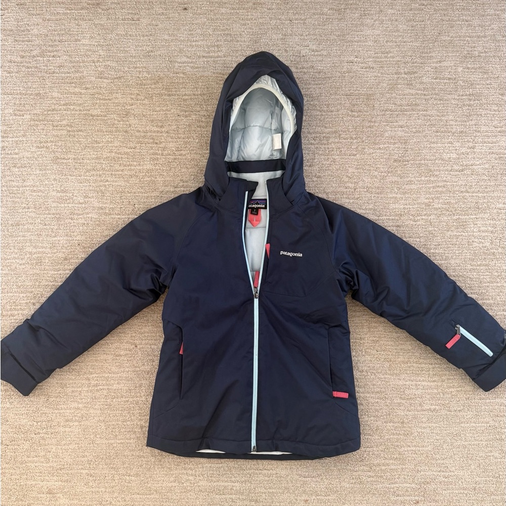 Patagonia Kids Size Medium Navy Jacket with Light Blue Lining and Pink Tabs